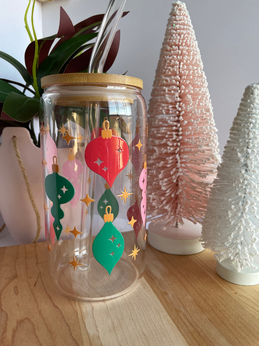Christmas Ornaments Glass Cup with Bamboo Lid and Glass Straw