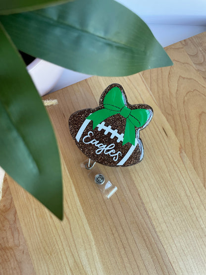 Eagles Glittery Football and Bow Acrylic Badge Reel