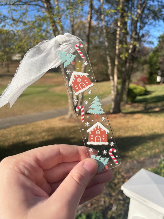 Gingerbread Houses and Snowy Trees Clear Acrylic Bookmark with Chiffon Ribbon