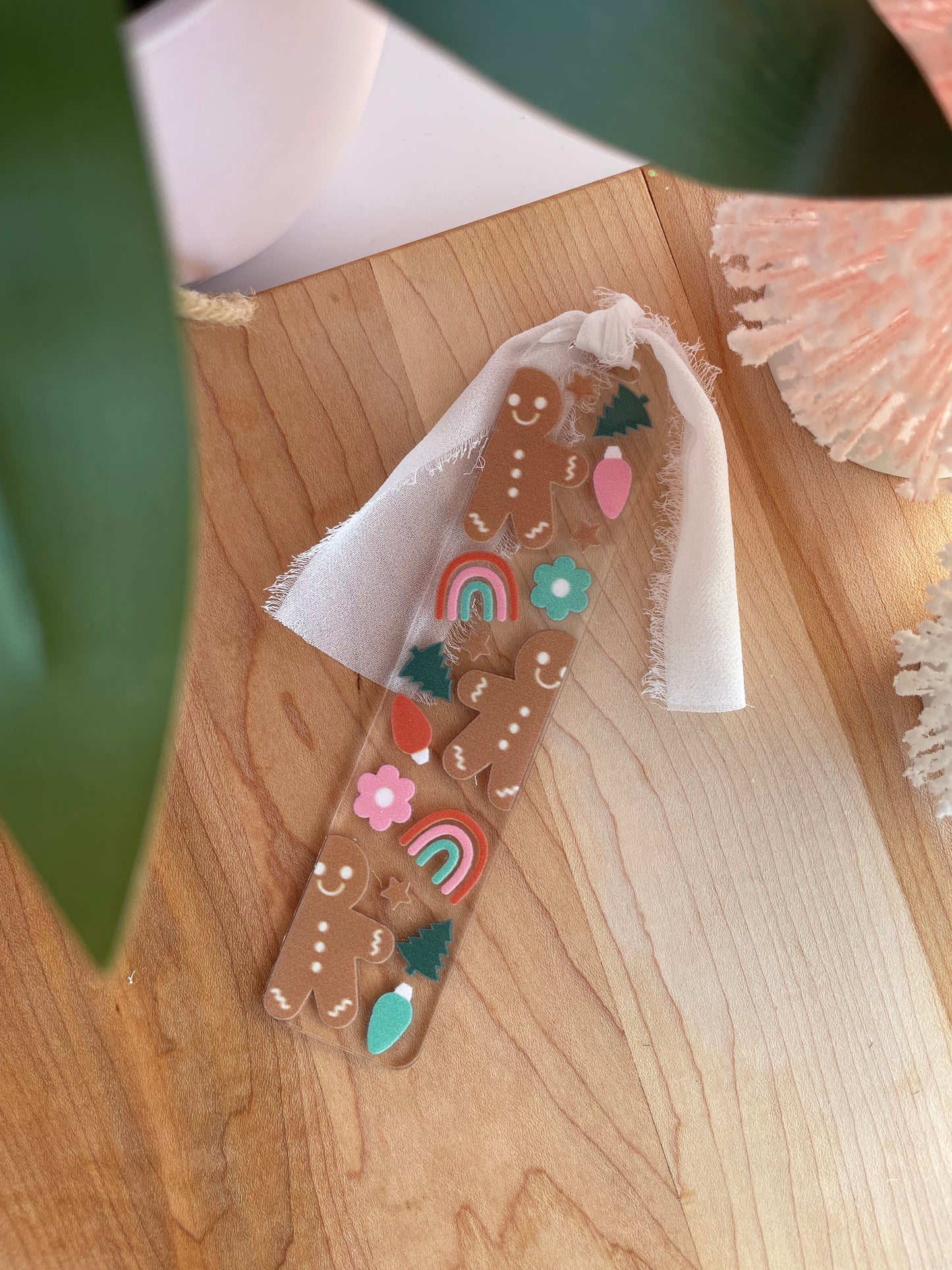 Gingerbread and Lightbulbs Clear Acrylic Bookmark with Chiffon Ribbon