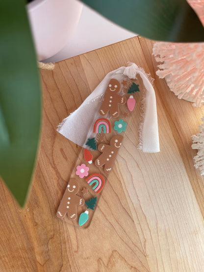 Gingerbread and Lightbulbs Clear Acrylic Bookmark with Chiffon Ribbon