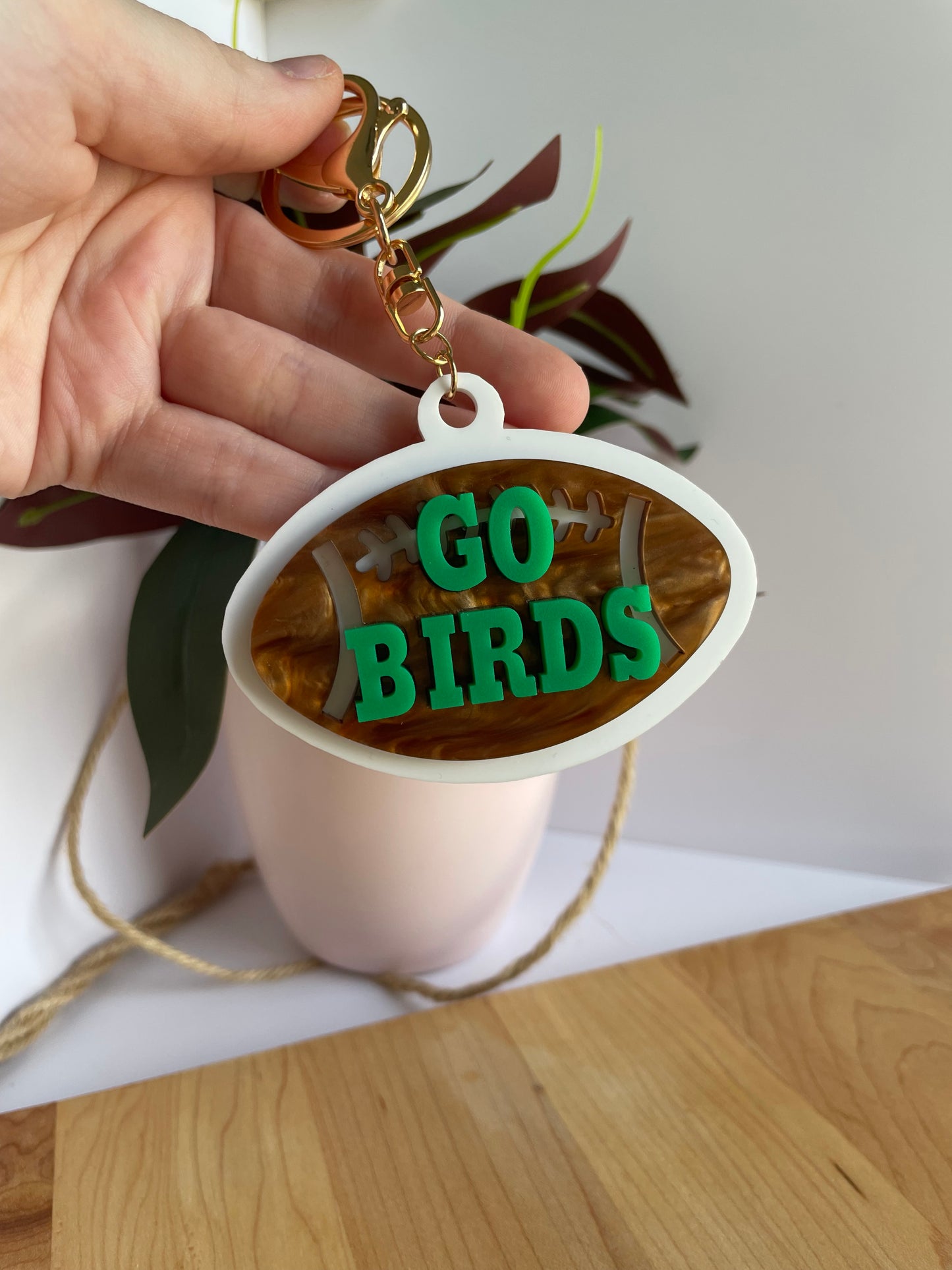 Go Birds Eagles Football Acrylic Keychain with Gold Features