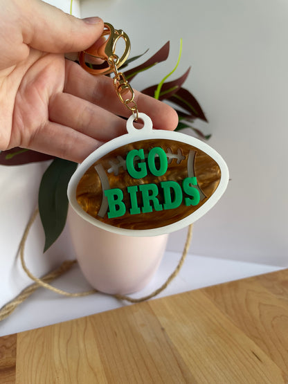 Go Birds Eagles Football Acrylic Keychain with Gold Features