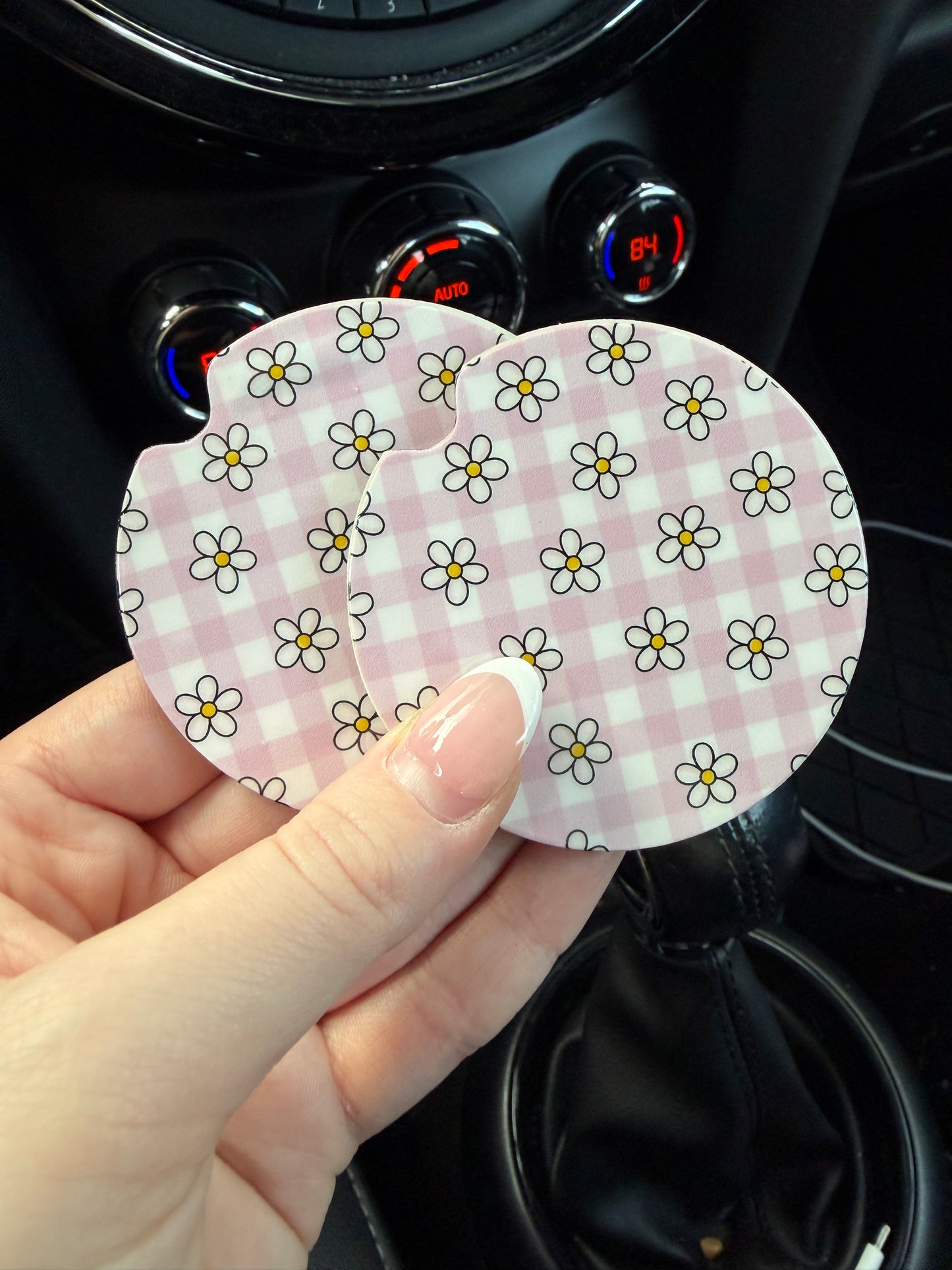 Pink Checkered Daisies Car Coasters