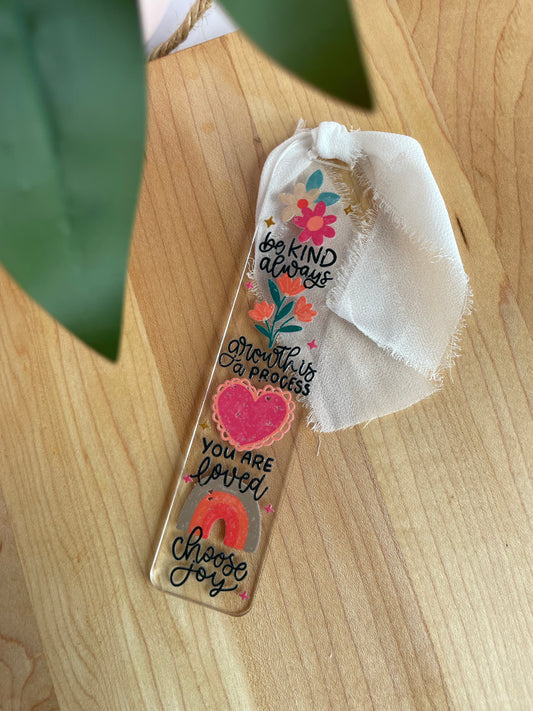 Positive Affirmations Clear Acrylic Bookmark with Chiffon Ribbon
