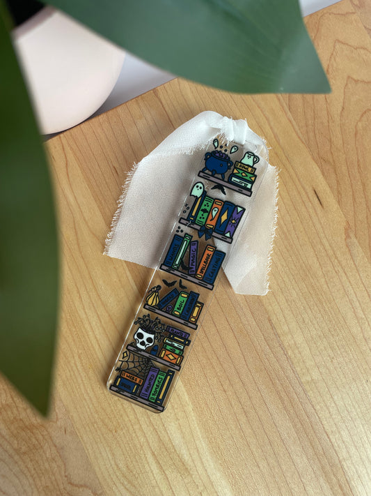 Spooky Bookshelf Clear Acrylic Bookmark with Chiffon Ribbon