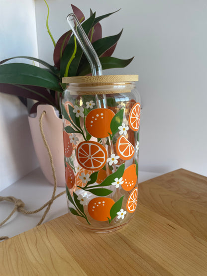 Summer Oranges Glass Cup with Bamboo Lid and Glass Straw