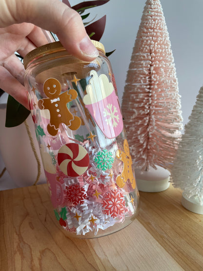 Colorful Cookies and Cocoa Glass Cup with Bamboo Lid and Glass Straw
