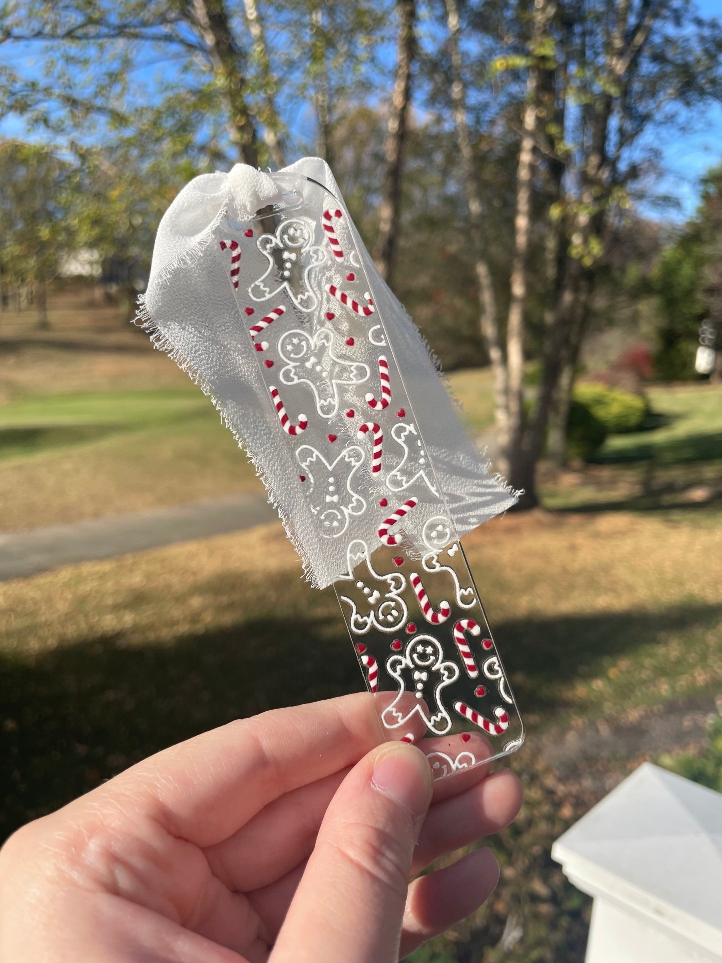 White Gingerbread Men and Candy Canes Clear Acrylic Bookmark with Chiffon Ribbon