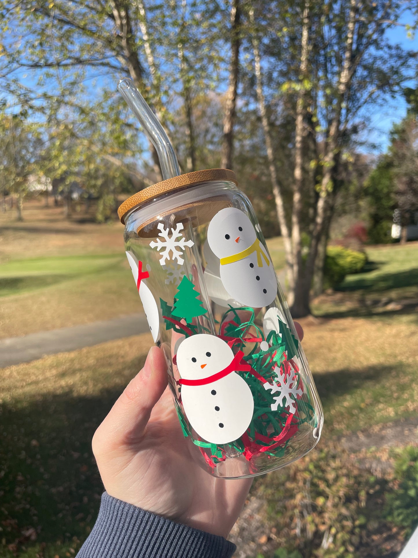 Happy Snowmen Winter Glass Cup with Bamboo Lid and Glass Straw