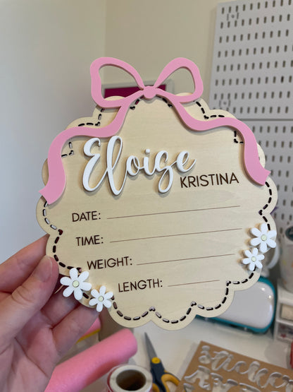 Custom Bow and Flowers Baby Announcement Sign