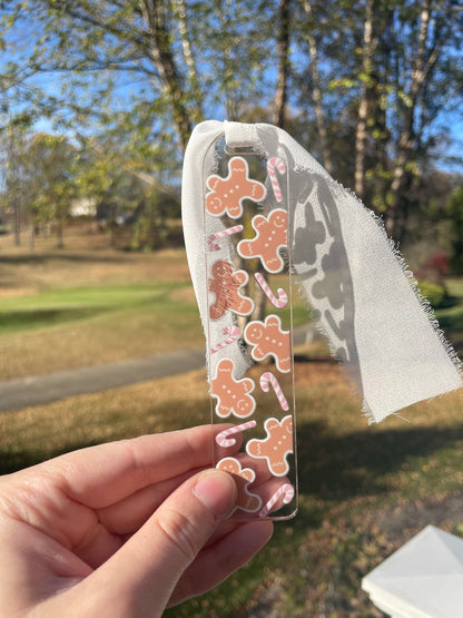 Gingerbread Cookies and Pink Candy Canes Clear Acrylic Bookmark with Chiffon Ribbon