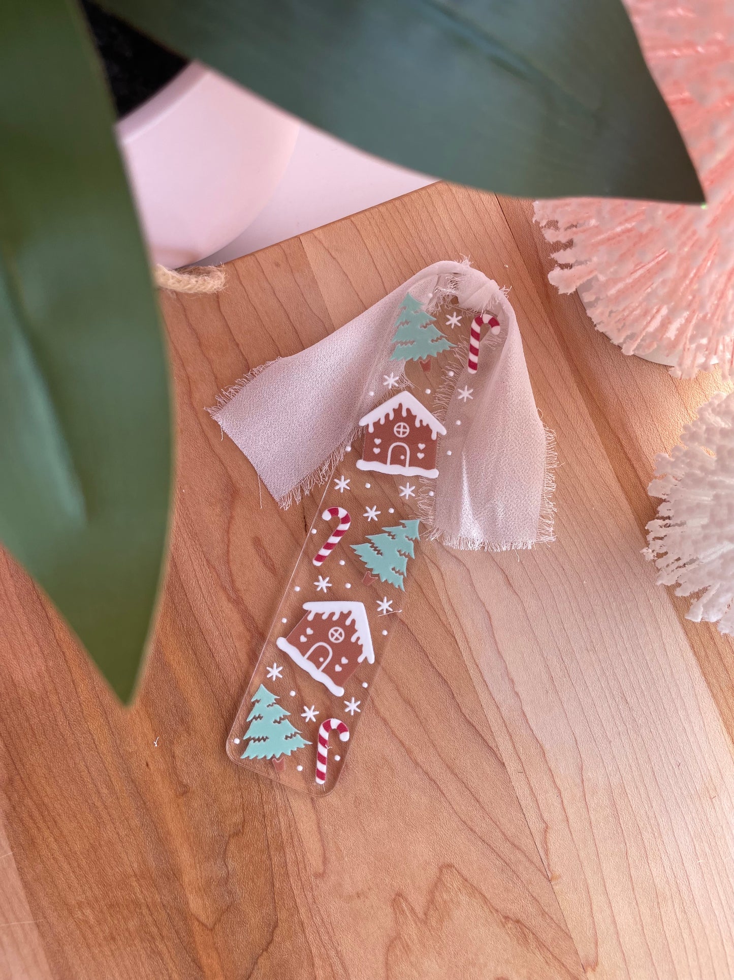 Gingerbread Houses and Snowy Trees Clear Acrylic Bookmark with Chiffon Ribbon