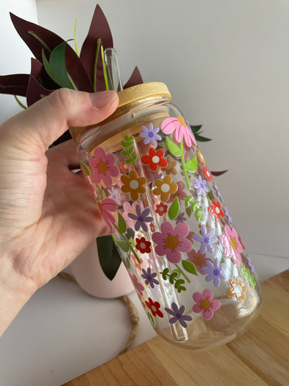 Spring Florals Glass Cup with Bamboo Lid and Glass Straw