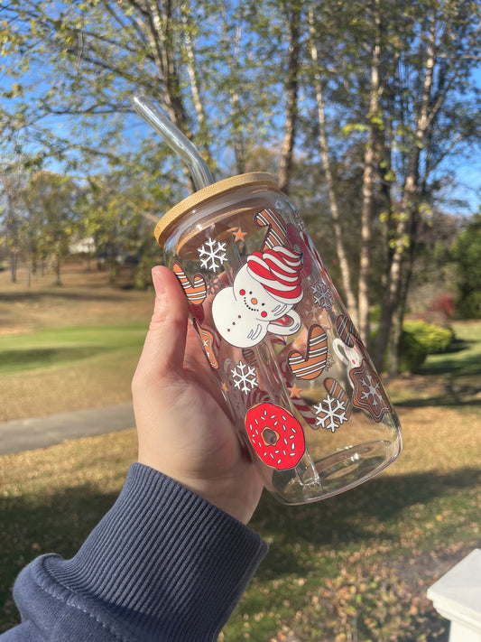 Holiday Cookies and Hot Chocolate Glass Cup with Bamboo Lid and Glass Straw
