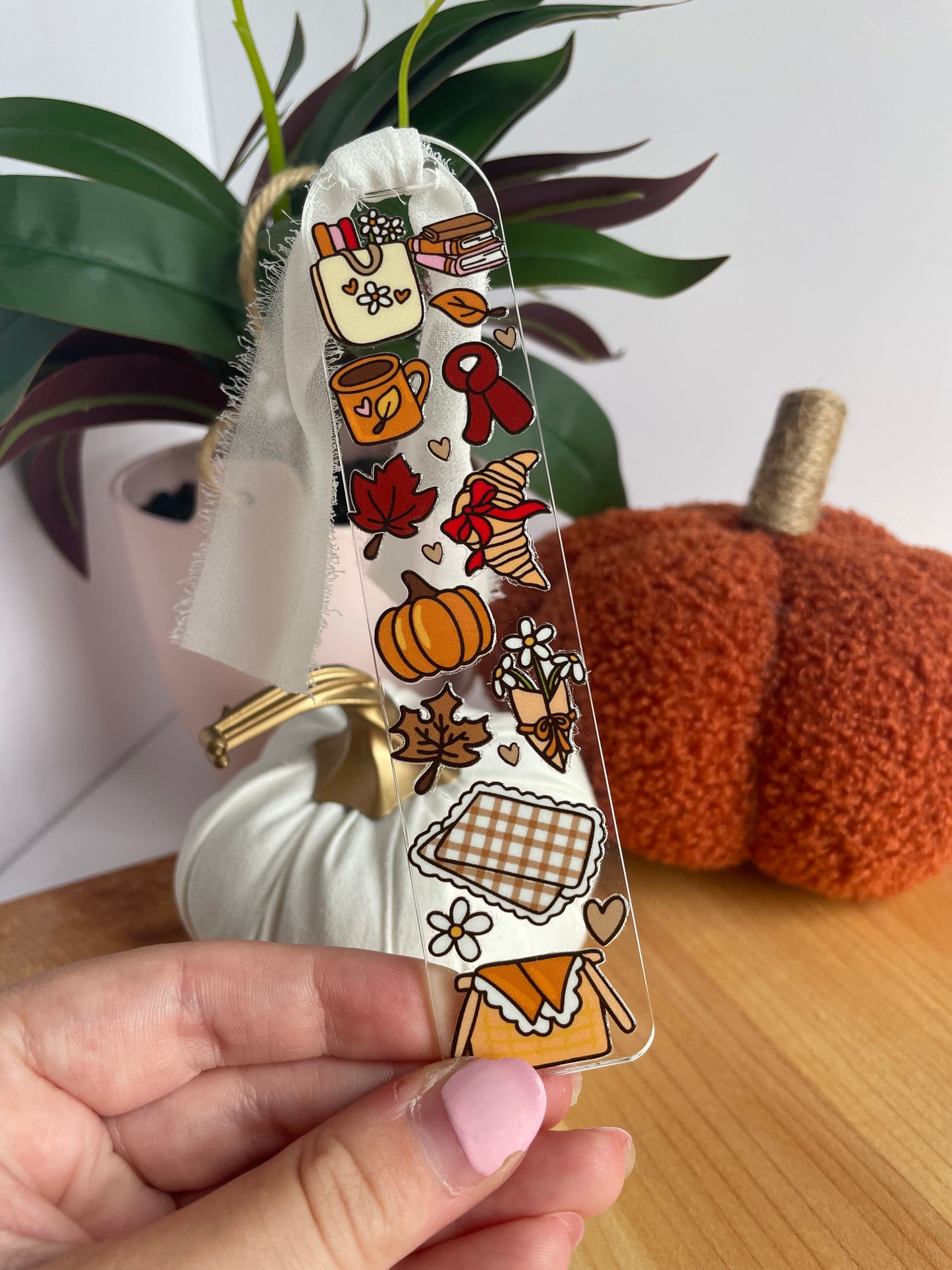 Fall Picnic Clear Acrylic Bookmark with Chiffon Ribbon