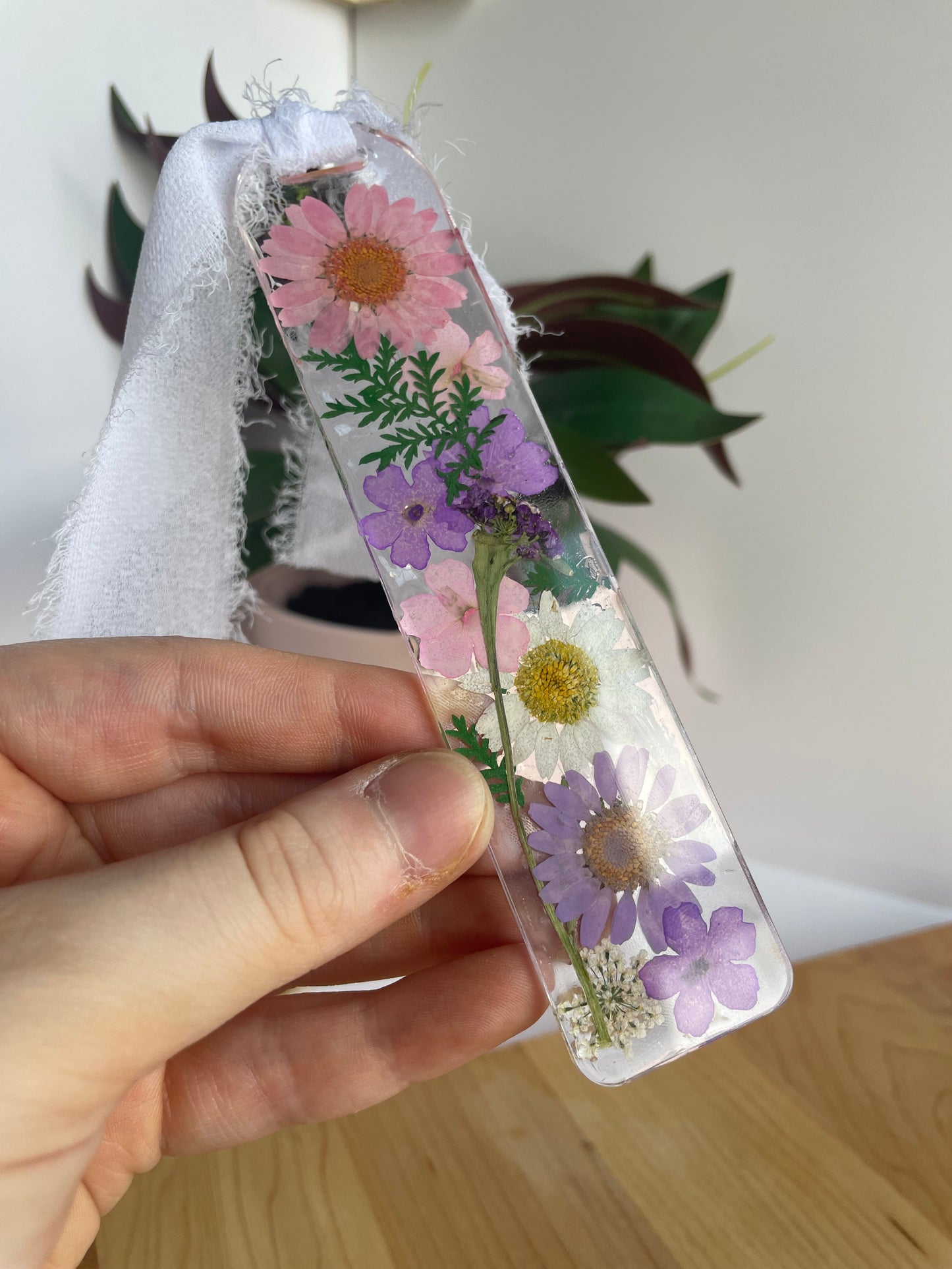 Pink and Purple Dried Flowers Clear Acrylic Bookmark with Chiffon Ribbon