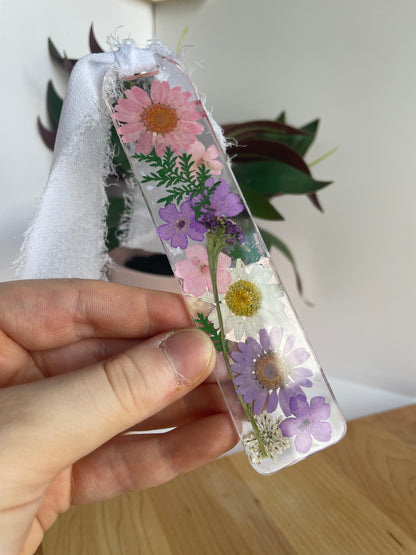 Pink and Purple Dried Flowers Clear Acrylic Bookmark with Chiffon Ribbon