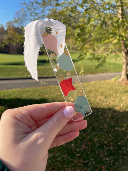 Christmas Ornaments Clear Acrylic Bookmark with Chiffon Ribbon