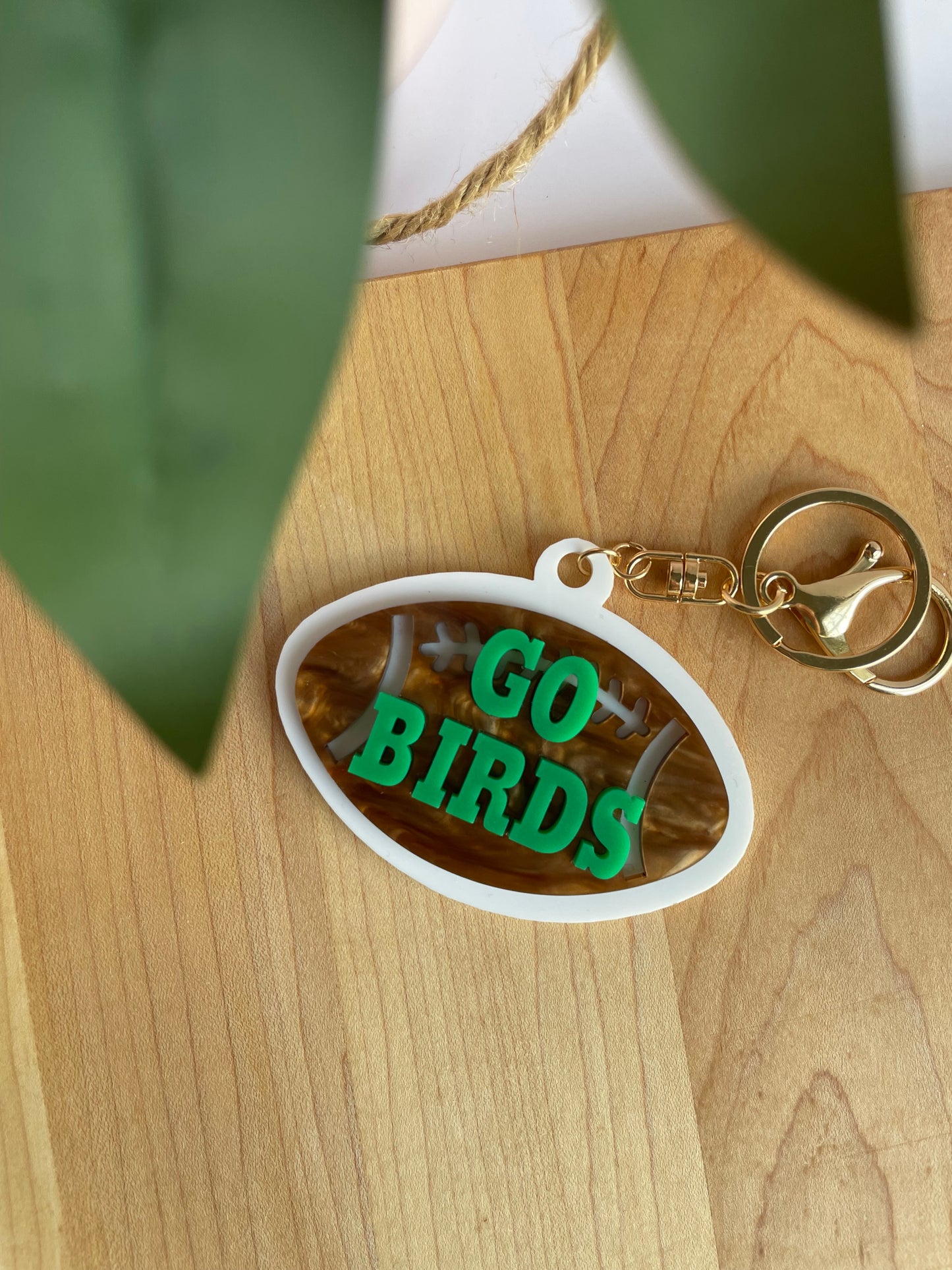 Go Birds Eagles Football Acrylic Keychain with Gold Features
