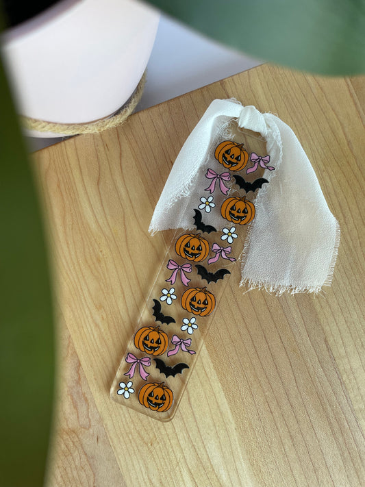 Pumpkins, Bows, and Bats Clear Acrylic bookmark with Chiffon Ribbon