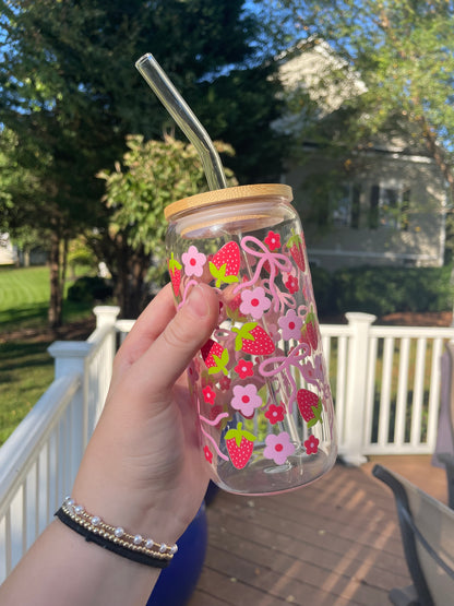 Strawberries and Pink Bows Cute Glass Cup with Bamboo Lid and Glass Straw