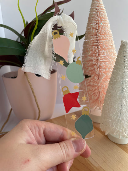 Christmas Ornaments Clear Acrylic Bookmark with Chiffon Ribbon