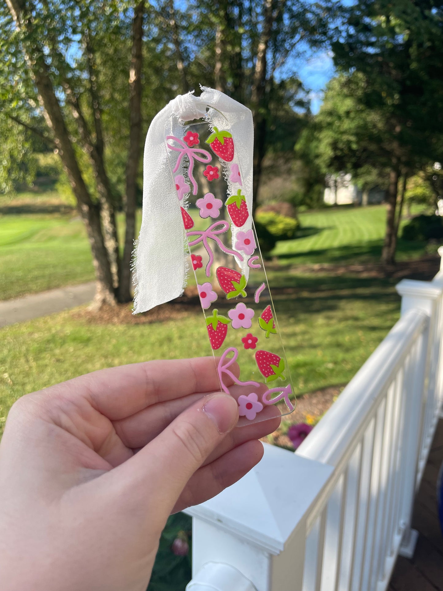 Strawberries and Pink Bows Cute Clear Acrylic Bookmark with Chiffon Ribbon