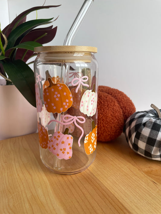 Floral Pumpkins and Bows Glass Cup with Bamboo Lid and Glass Straw