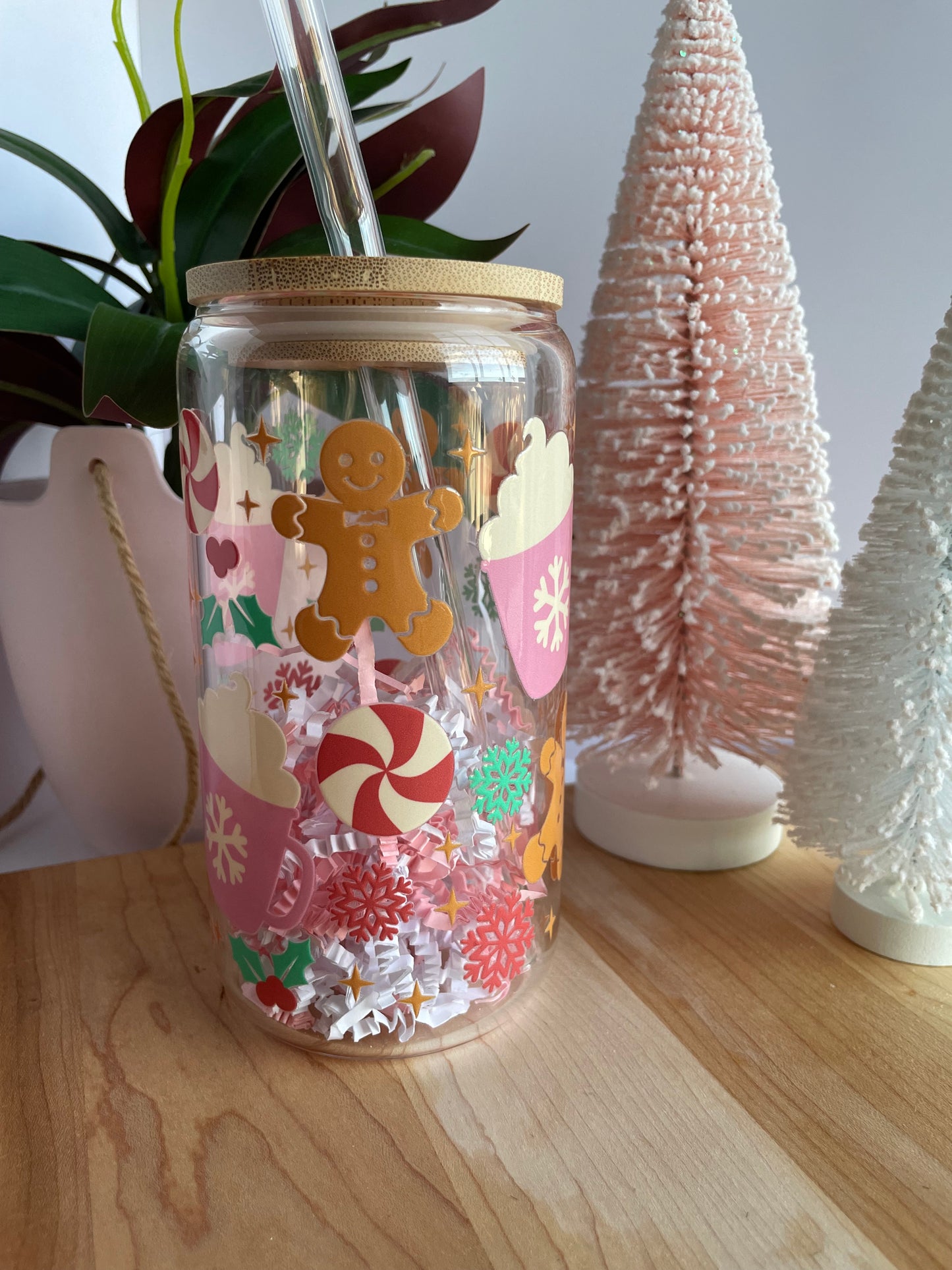 Colorful Cookies and Cocoa Glass Cup with Bamboo Lid and Glass Straw