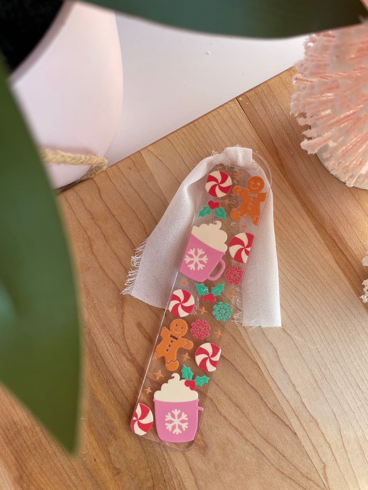 Cute Gingerbread Cookies and Hot Cocoa Clear Acrylic Bookmark with Chiffon Ribbon