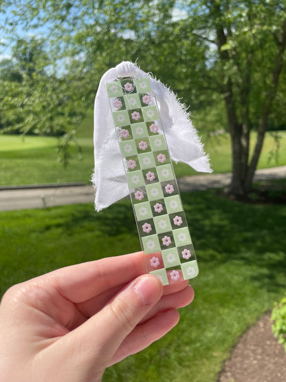 Light Green and Pink Checkered Flowers Clear Acrylic Bookmark with Chiffon Ribbon