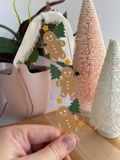 Stars, Gingerbread, and Trees Clear Acrylic Bookmark with Chiffon Ribbon