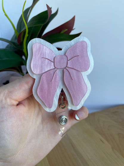 Pearl Pink and White Bow Acrylic Badge Reel