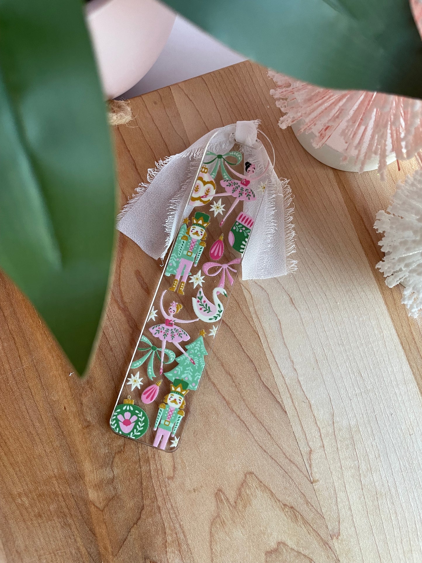 Beautiful Nutcrackers and Ornaments Clear Acrylic Bookmark with Chiffon Ribbon