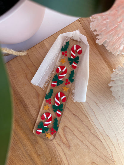 Festive Candy Canes Clear Acrylic Bookmark with Chiffon Ribbon