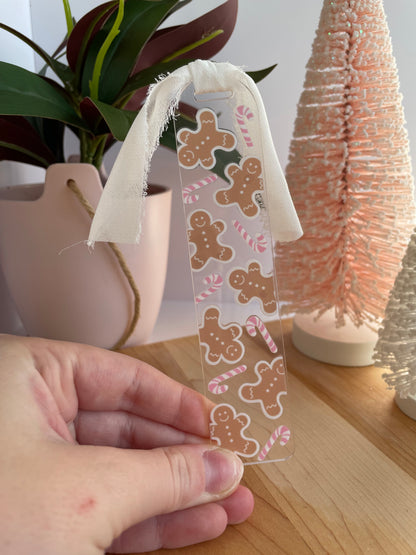 Gingerbread Cookies and Pink Candy Canes Clear Acrylic Bookmark with Chiffon Ribbon