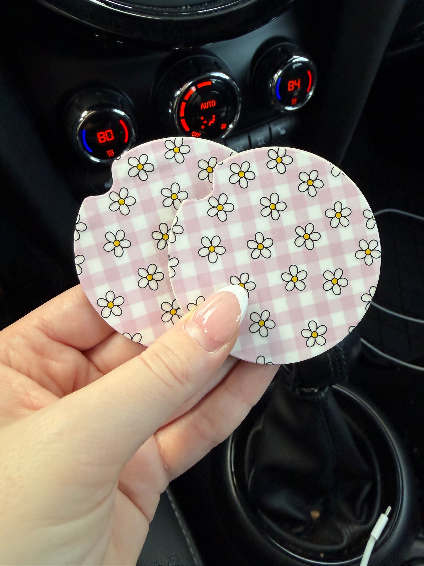 Pink Checkered Daisies Car Coasters