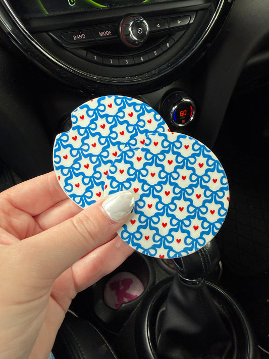 Navy Bows and Red Hearts Car Coasters
