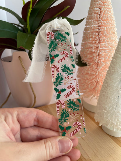 Candy Canes and Greenery Clear Acrylic Bookmark with Chiffon Ribbon