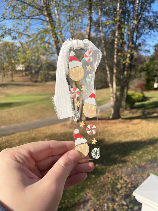 Santa Smiley Faces and Candies Clear Acrylic Bookmark with Chiffon Ribbon