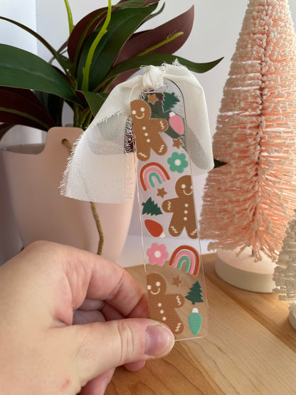 Gingerbread and Lightbulbs Clear Acrylic Bookmark with Chiffon Ribbon