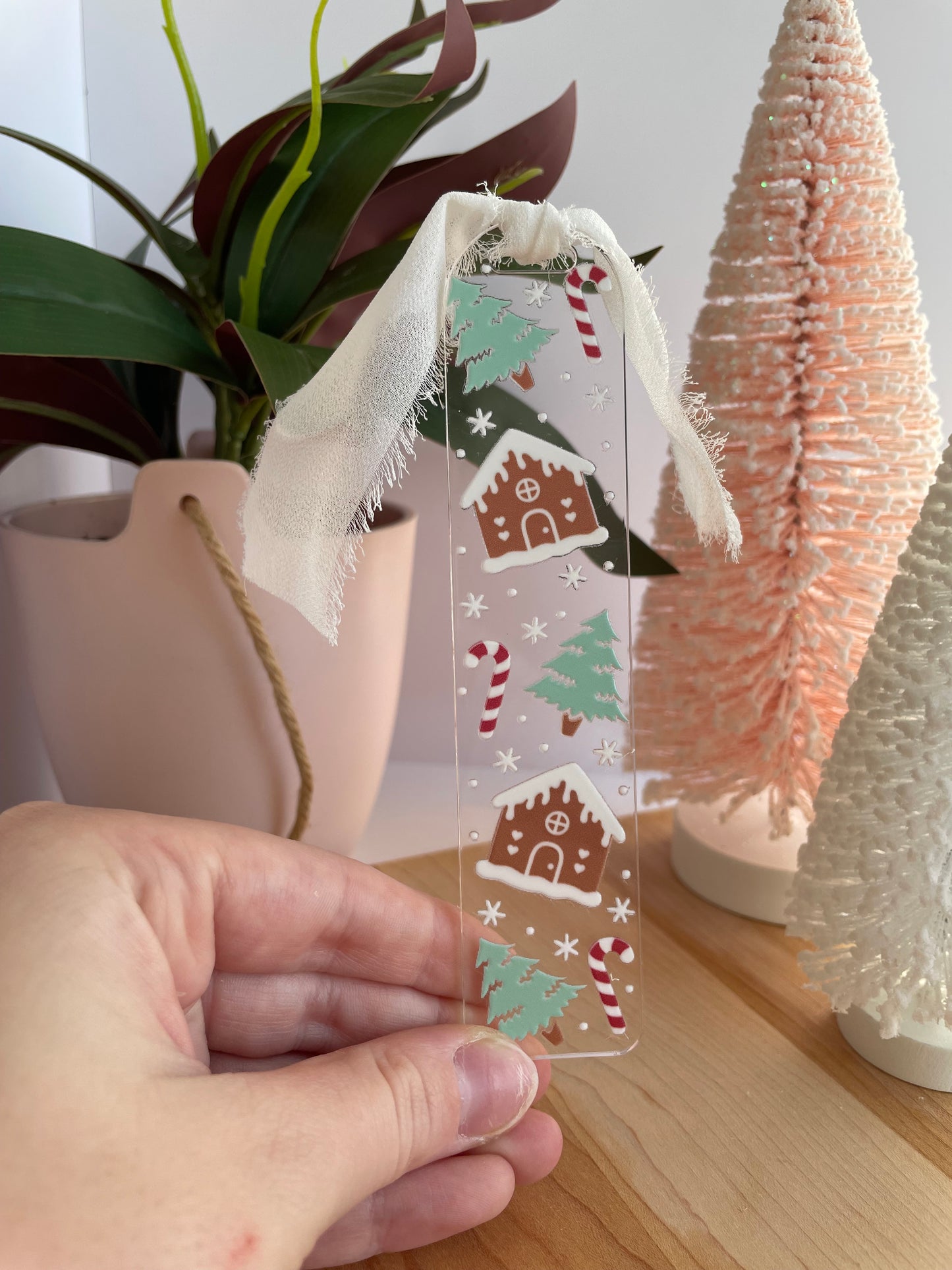 Gingerbread Houses and Snowy Trees Clear Acrylic Bookmark with Chiffon Ribbon