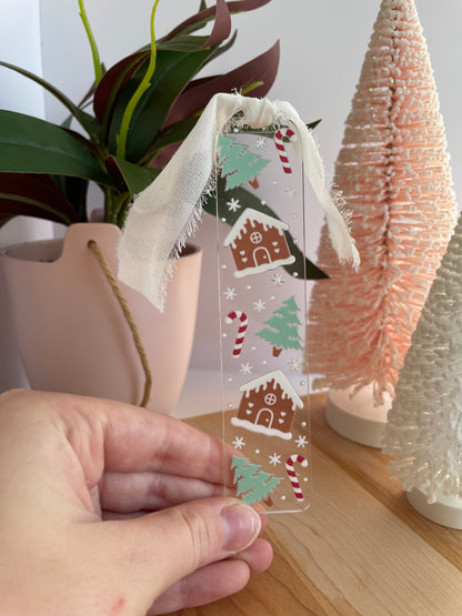Gingerbread Houses and Snowy Trees Clear Acrylic Bookmark with Chiffon Ribbon