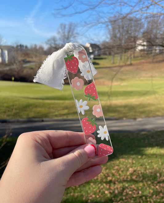 Strawberries and Daises Clear Acrylic Bookmark with Chiffon Ribbon