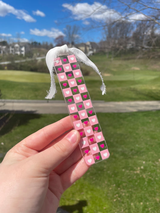 Pink and Red Checkered Hearts Clear Acrylic Bookmark with Chiffon Ribbon