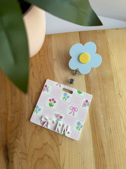 Checkered Floral Badge Reel and Backer Bundle