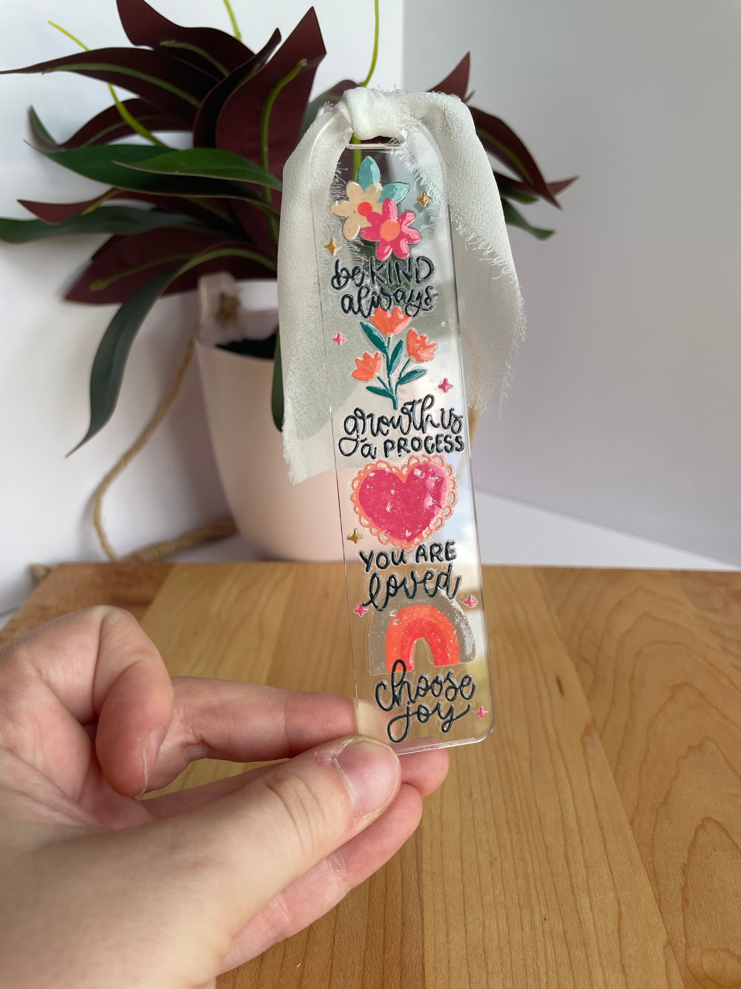 Positive Affirmations Clear Acrylic Bookmark with Chiffon Ribbon