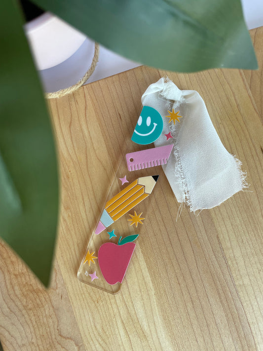 Teacher Supplies Clear Acrylic Bookmark with Chiffon Ribbon