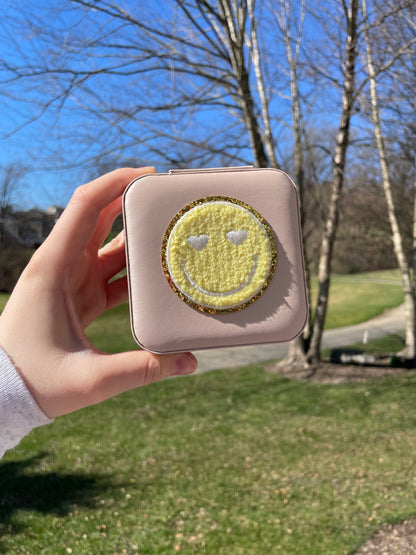 Yellow Heart Eyed Smiley Face Mini Travel Pale Pink Jewelry Box